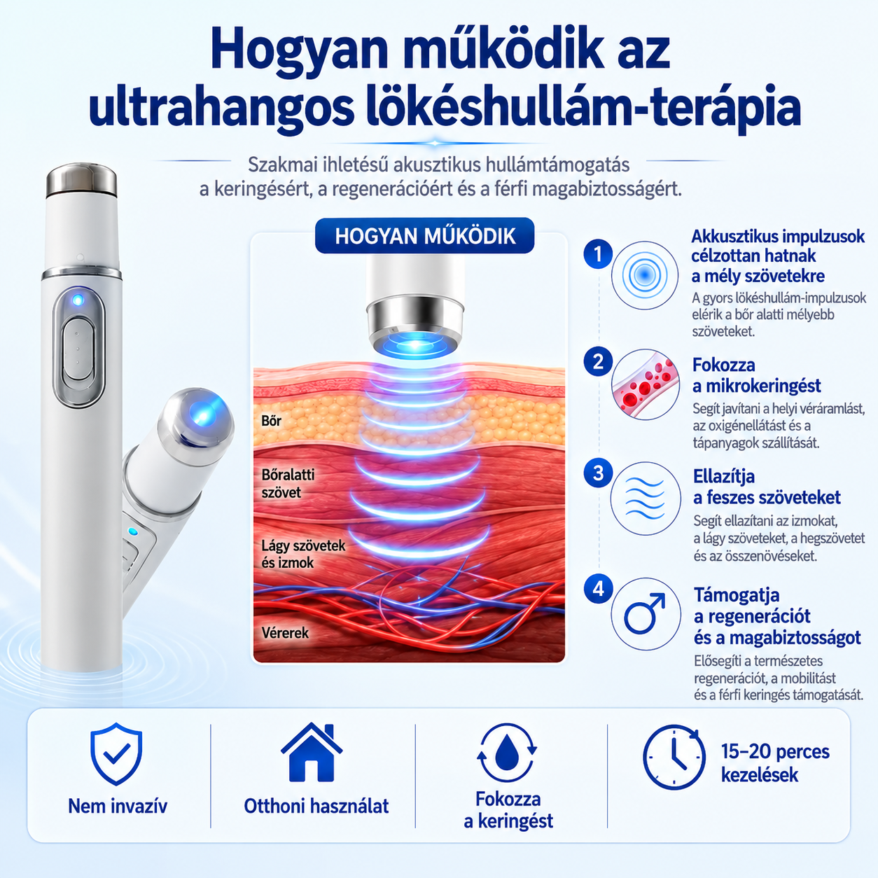 A fejlett akusztikus lökéshullám-terápia helyreállítja a péniszszövet egészségét, fokozza az emelkedési merevséget, az állóképességet és a férfi teljesítménybeli magabiztosságot, enyhítve az izomfájdalmat, az ízületi merevséget és az ínfájdalmat.
