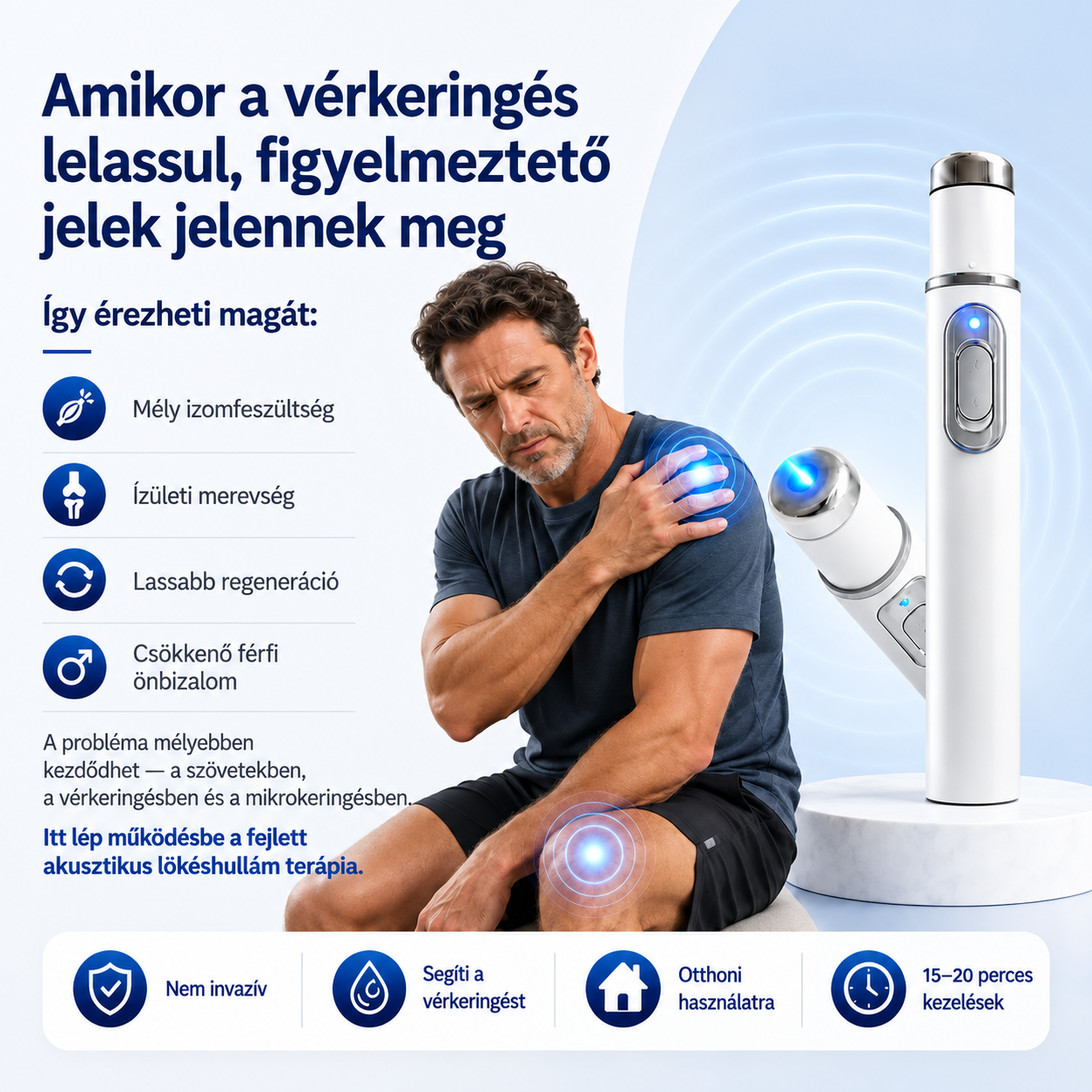 A fejlett akusztikus lökéshullám-terápia helyreállítja a péniszszövet egészségét, fokozza az emelkedési merevséget, az állóképességet és a férfi teljesítménybeli magabiztosságot, enyhítve az izomfájdalmat, az ízületi merevséget és az ínfájdalmat.