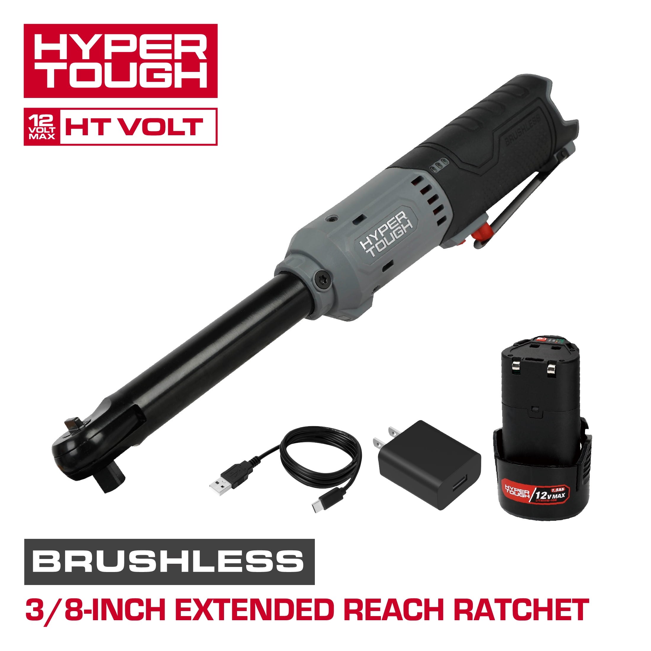 Hyper Tough 12V Max szénkefe nélküli, 3/8 hüvelykes, hosszított nyakú akkumulátoros racsnis kulcs