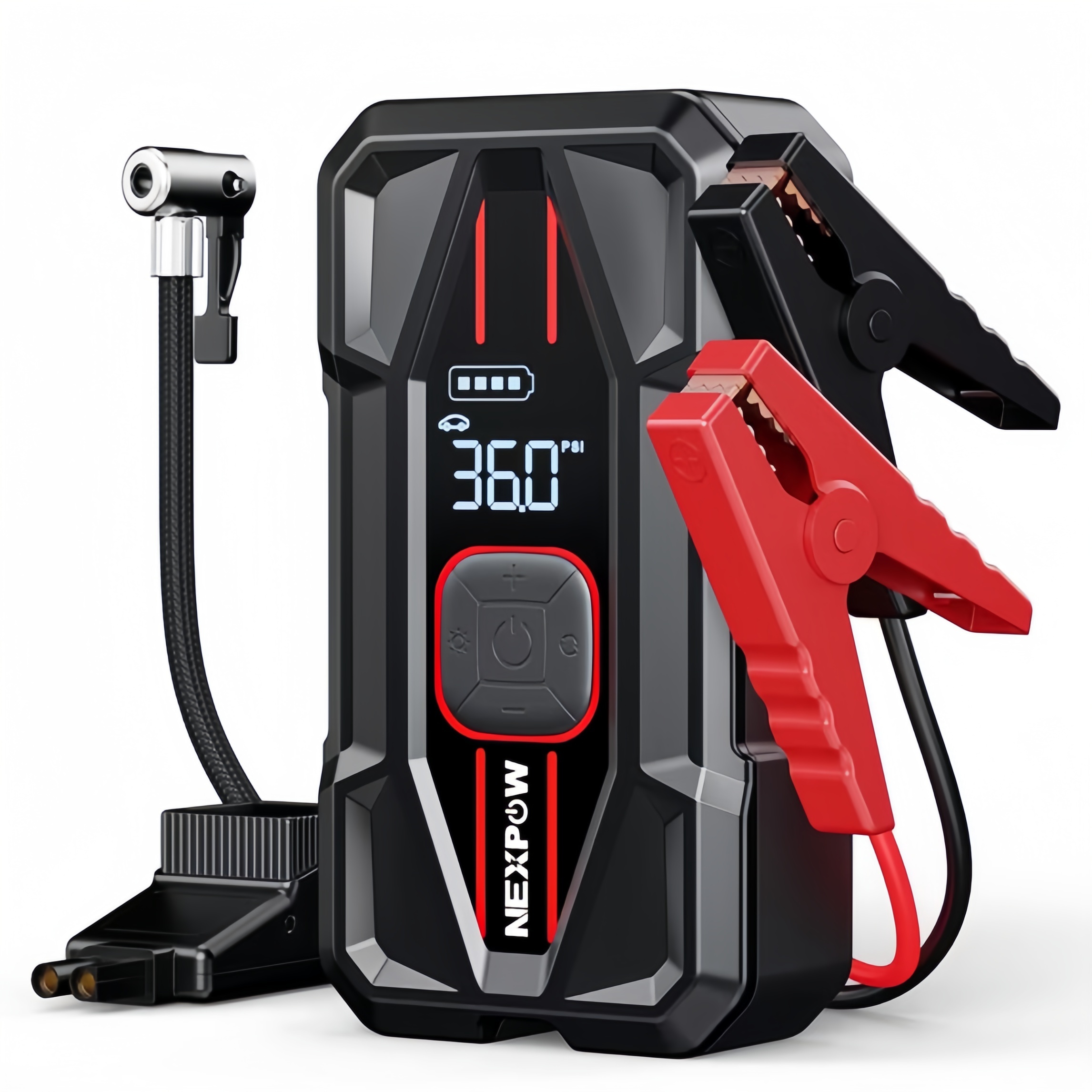 NEXPOW 3000A indítássegítő beépített légkompresszorral, 150 PSI digitális gumiabroncs-felfújóval, 16000 mAh kapacitással és 30 W-os PD gyorstöltéssel, 12 V-os akkumulátor-indító és power bank, 8,5 literes benzines és 6,5 literes dízelmotorokhoz.