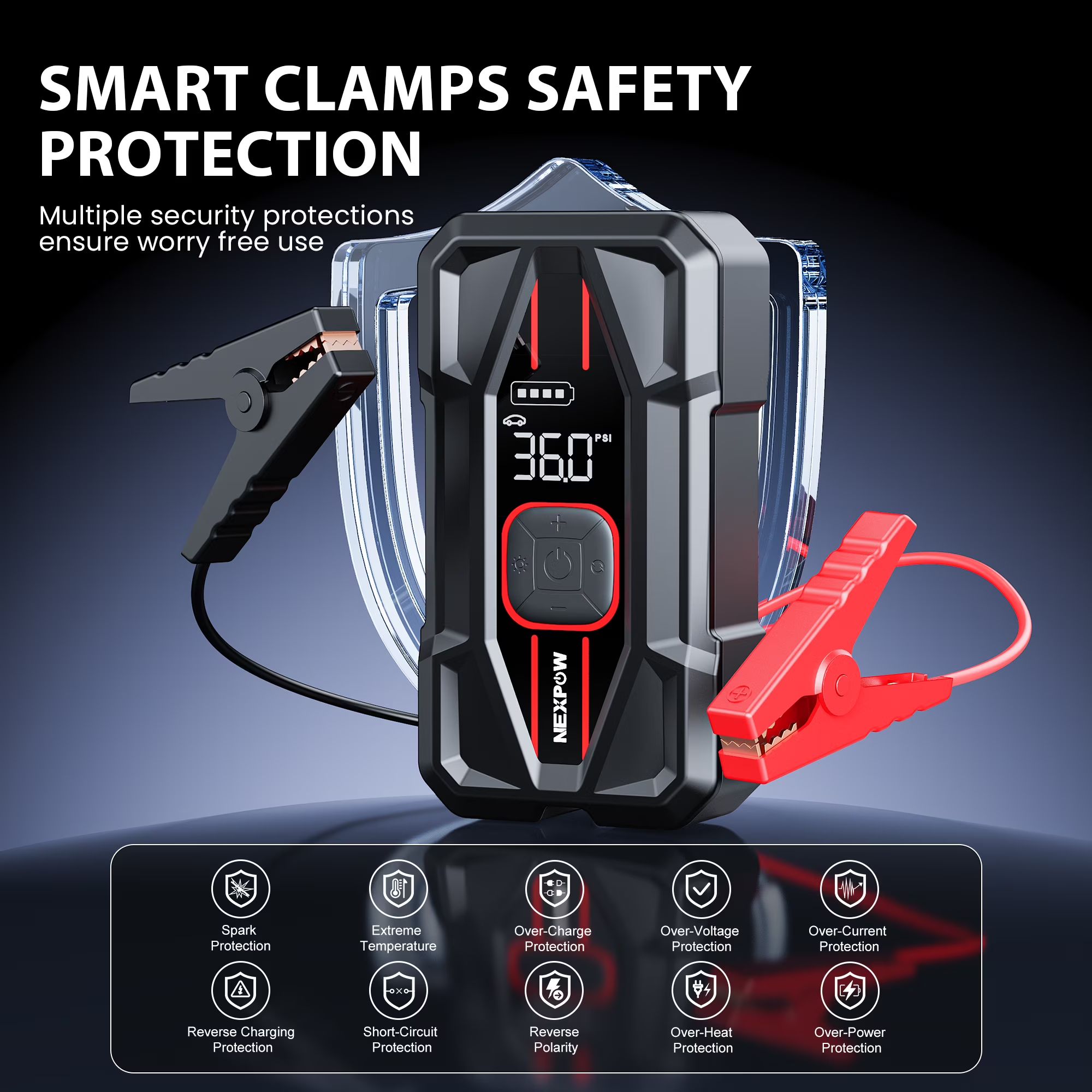 NEXPOW 3000A indítássegítő beépített légkompresszorral, 150 PSI digitális gumiabroncs-felfújóval, 16000 mAh kapacitással és 30 W-os PD gyorstöltéssel, 12 V-os akkumulátor-indító és power bank, 8,5 literes benzines és 6,5 literes dízelmotorokhoz.