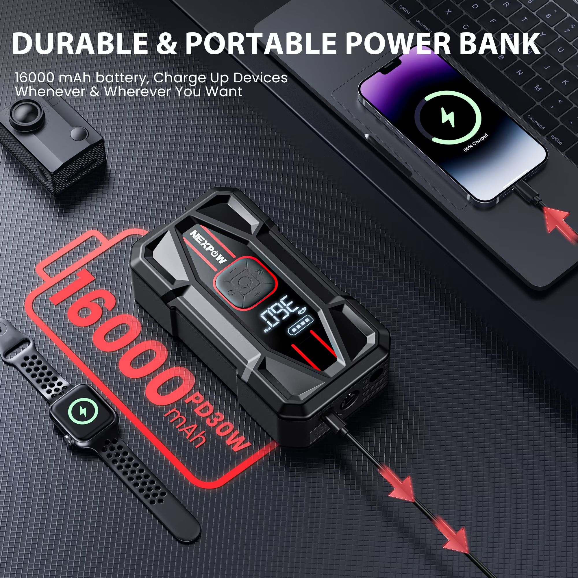 NEXPOW 3000A indítássegítő beépített légkompresszorral, 150 PSI digitális gumiabroncs-felfújóval, 16000 mAh kapacitással és 30 W-os PD gyorstöltéssel, 12 V-os akkumulátor-indító és power bank, 8,5 literes benzines és 6,5 literes dízelmotorokhoz.