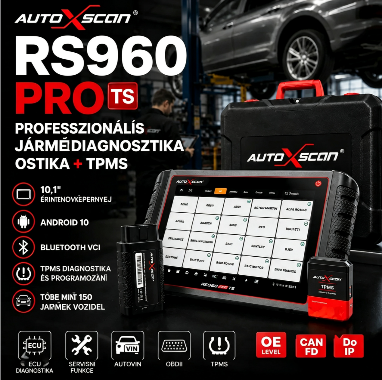 Az AUTOXSCAN RS960 PRO egy professzionális autóipari diagnosztikai eszköz, amely támogatja a teljes rendszerszkennelést, a hibaelemzést, valamint a TPMS diagnosztizálását és programozását, lehetővé téve a járművek gyors és pontos hibaelhárítását.