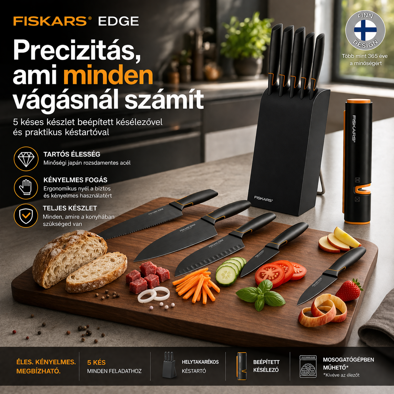 FISKARS® EDGE – Mindig Éles Késkészlet Beépített Élezővel | Könnyed, Precíz Vágás Minden Nap