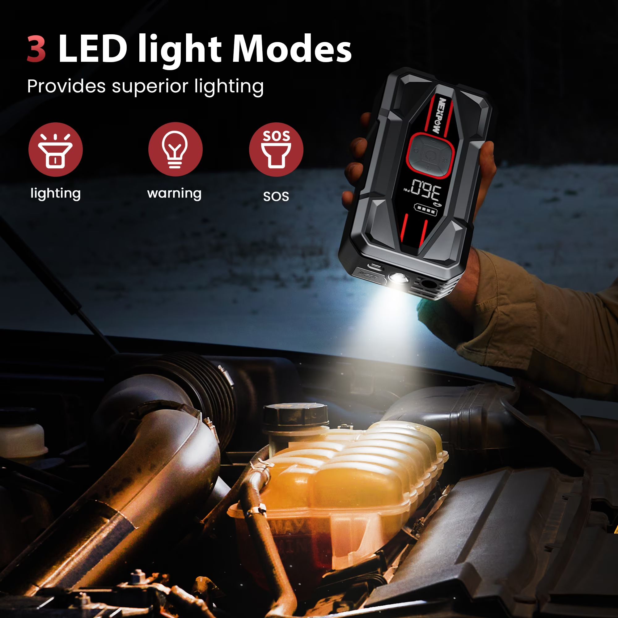 NEXPOW 3000A indítássegítő beépített légkompresszorral, 150 PSI digitális gumiabroncs-felfújóval, 16000 mAh kapacitással és 30 W-os PD gyorstöltéssel, 12 V-os akkumulátor-indító és power bank, 8,5 literes benzines és 6,5 literes dízelmotorokhoz.