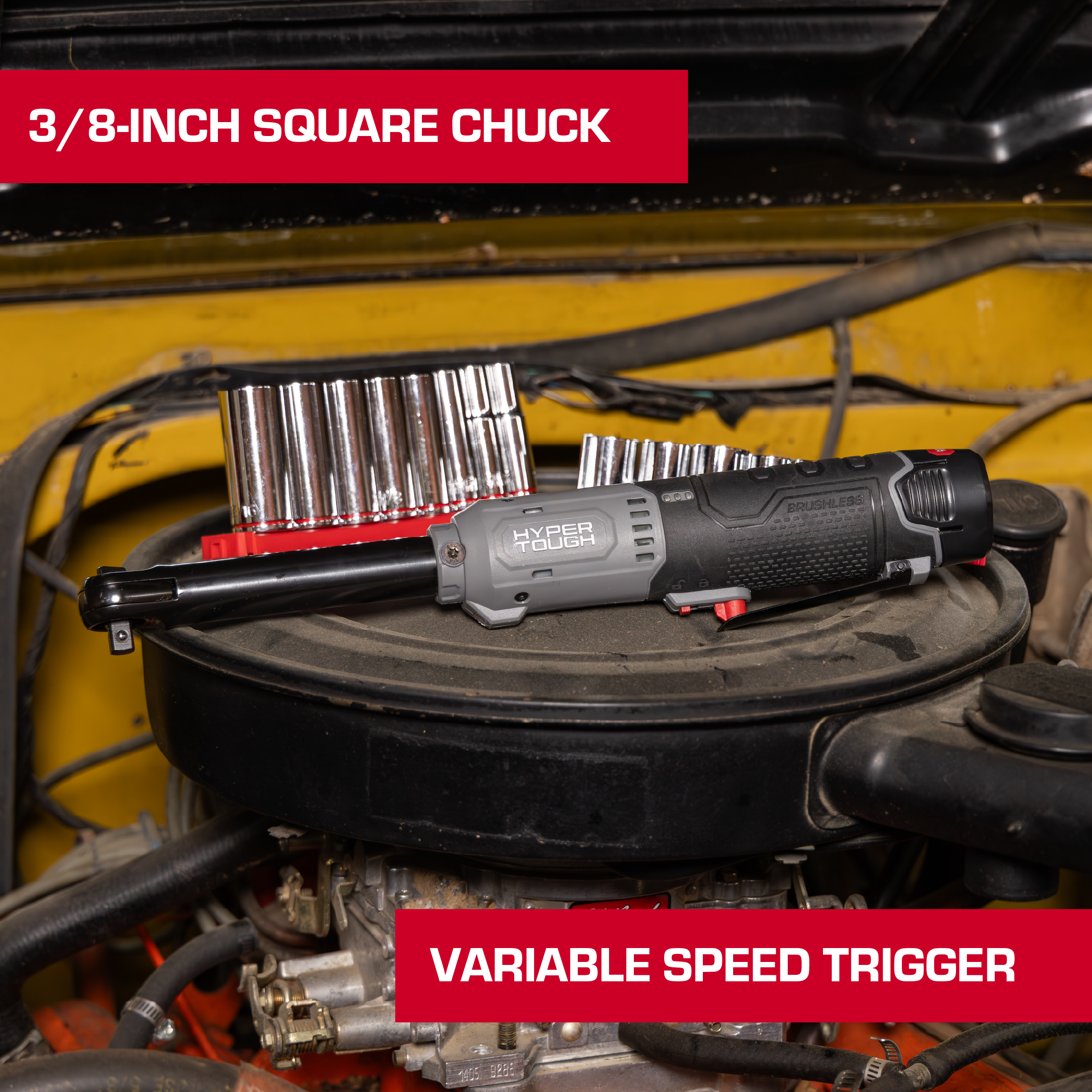 Hyper Tough 12V Max szénkefe nélküli, 3/8 hüvelykes, hosszított nyakú akkumulátoros racsnis kulcs