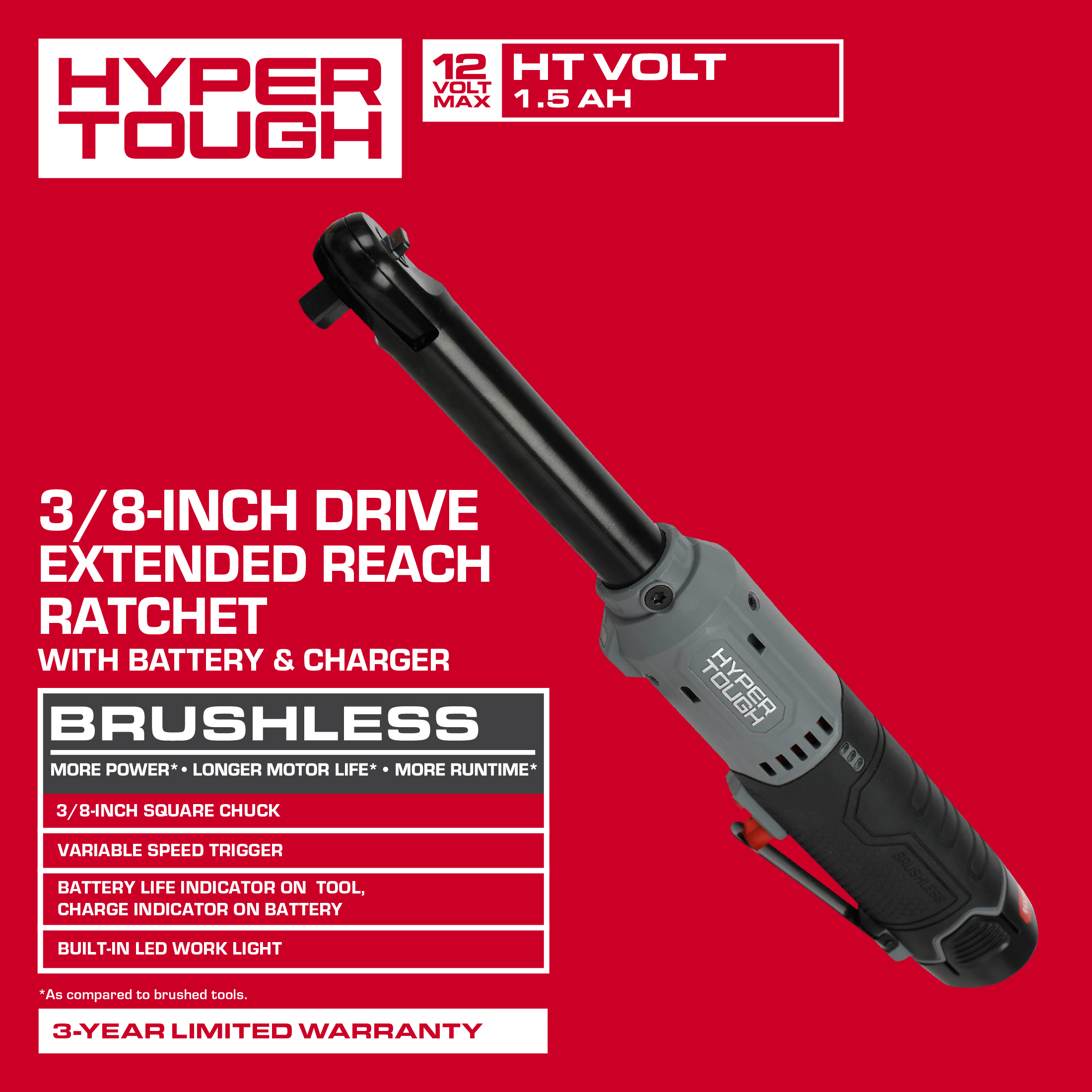 Hyper Tough 12V Max szénkefe nélküli, 3/8 hüvelykes, hosszított nyakú akkumulátoros racsnis kulcs