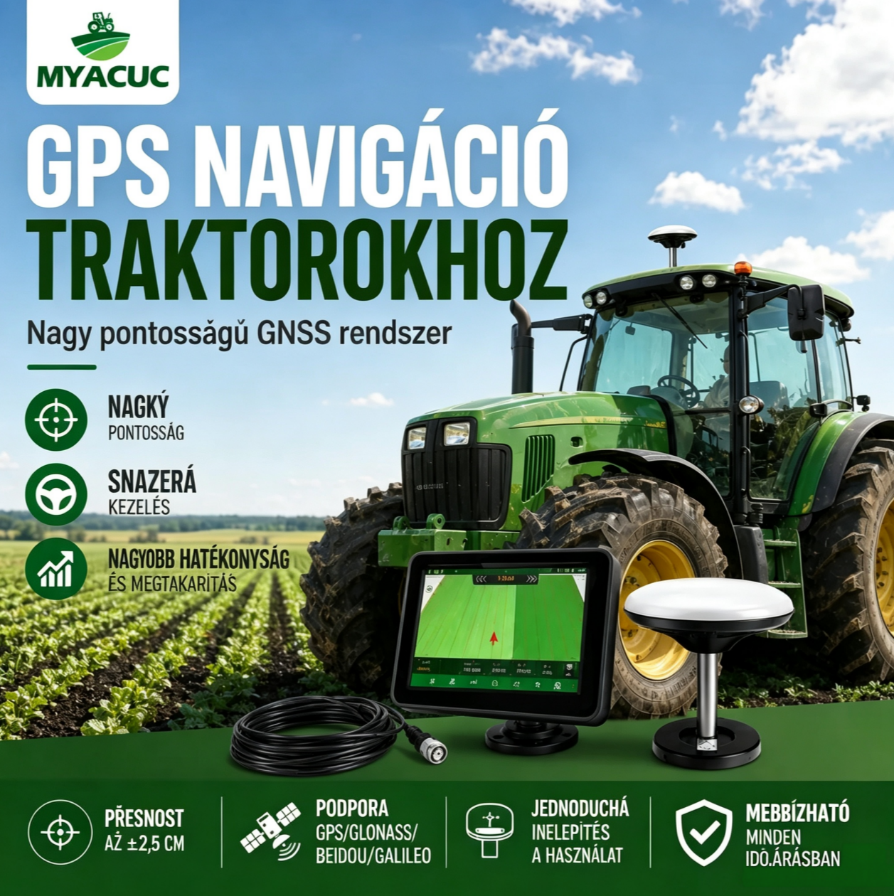 MYACUC intelligens navigációs rendszer mezőgazdasági gépekhez: Pontosan vezeti az összes munkaútvonalat, így hatékonyabbá és gondtalanabbá teszi a gazdálkodást.