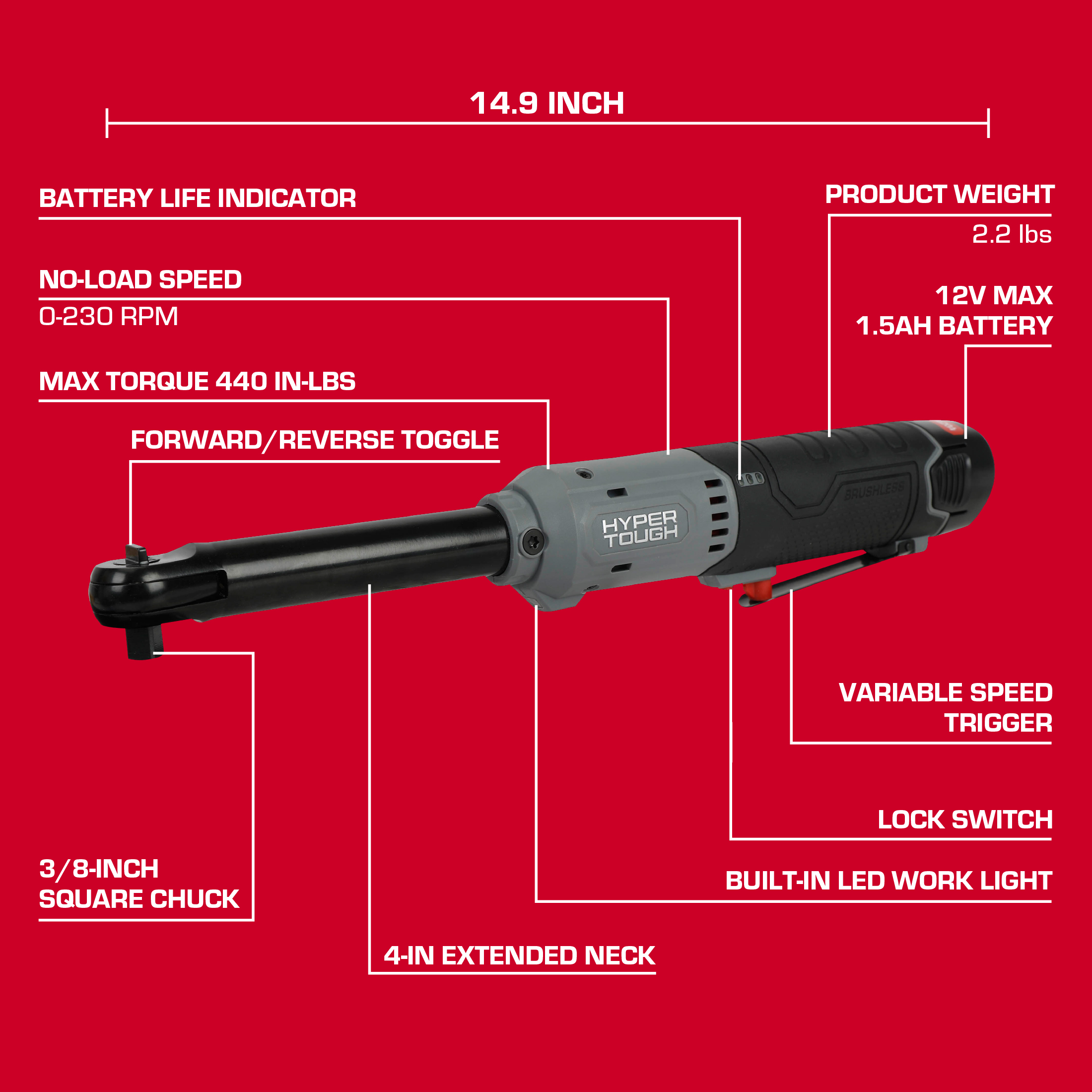 Hyper Tough 12V Max szénkefe nélküli, 3/8 hüvelykes, hosszított nyakú akkumulátoros racsnis kulcs