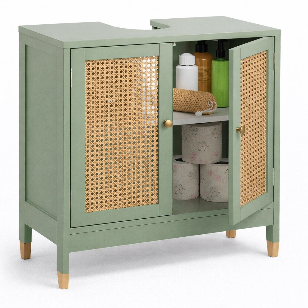 Badezimmerunterschrank mit rattan tueren