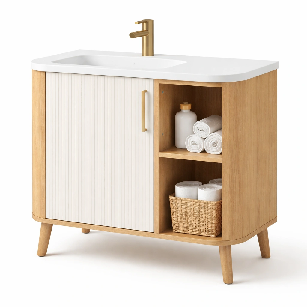 Badezimmermoebel mit waschbecken und offenen faechern