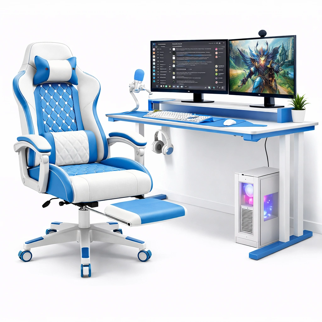 Gaming Stuhl weiss blau mit Fussstuetze