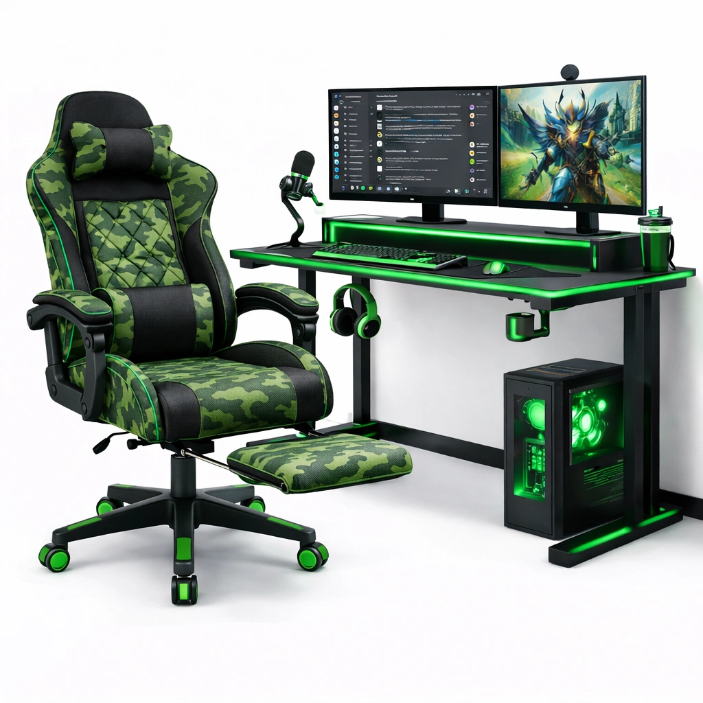 Gaming Stuhl camouflage gruen mit LED Tisch