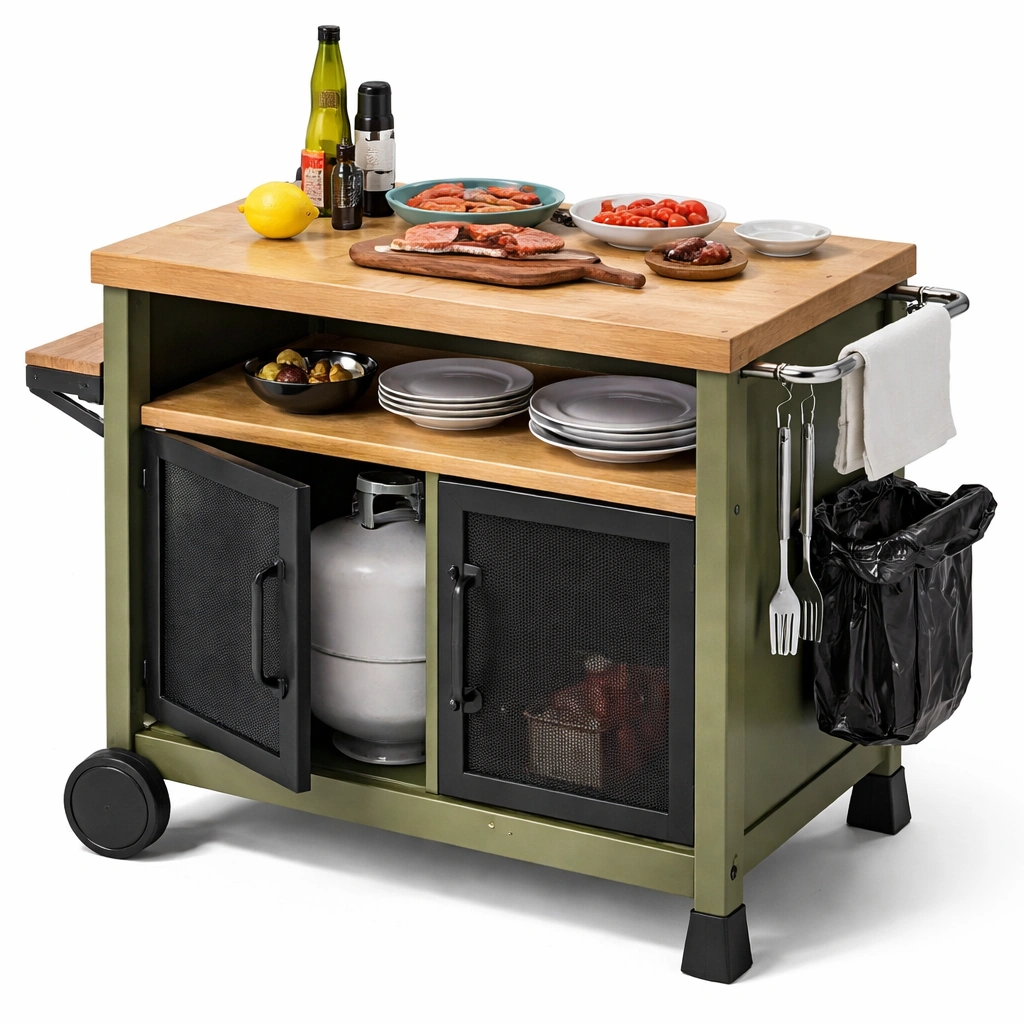 Outdoor Kuechenwagen mit Rollen Gruen Holzplatte