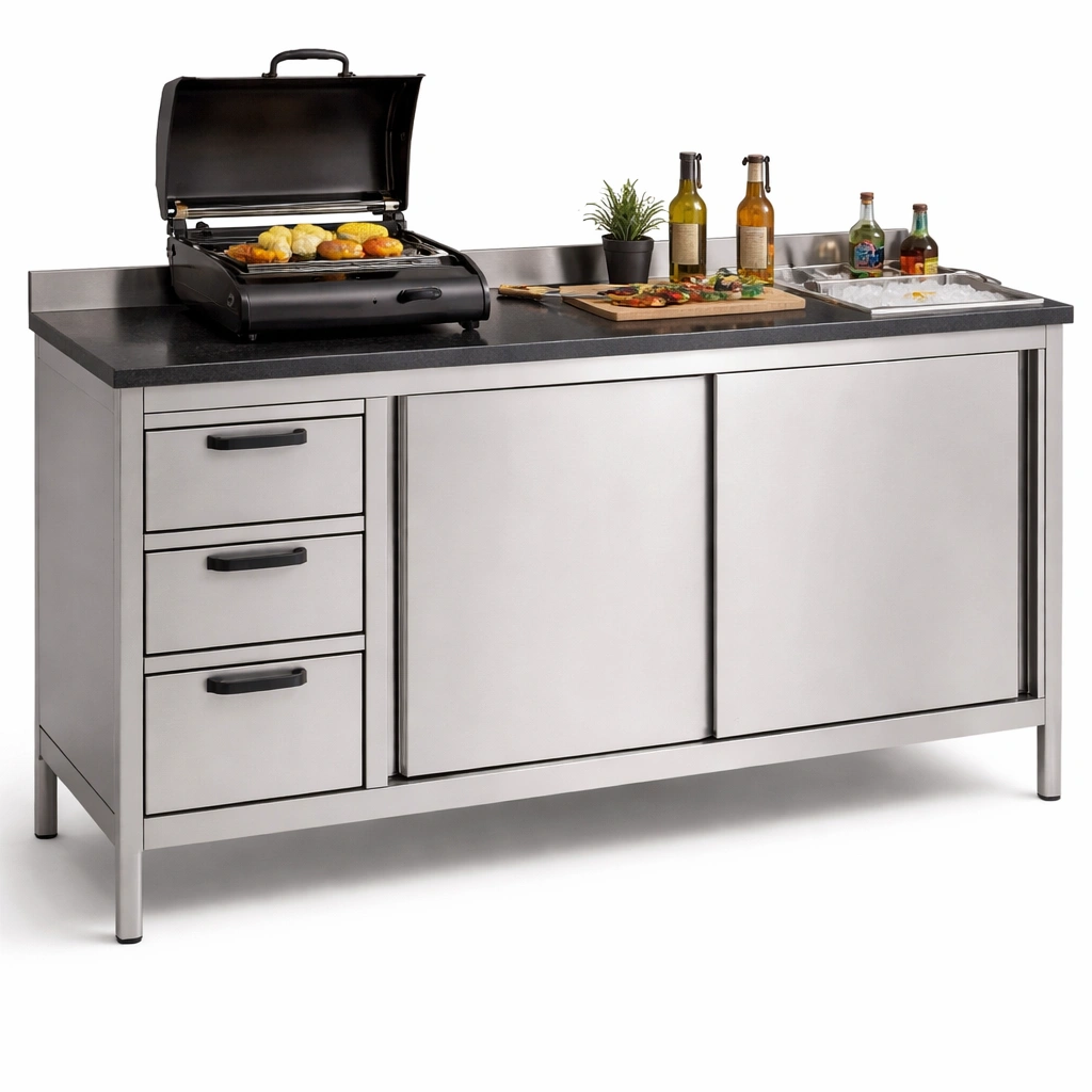 Edelstahl Outdoor Kueche mit Grill und Stauraum