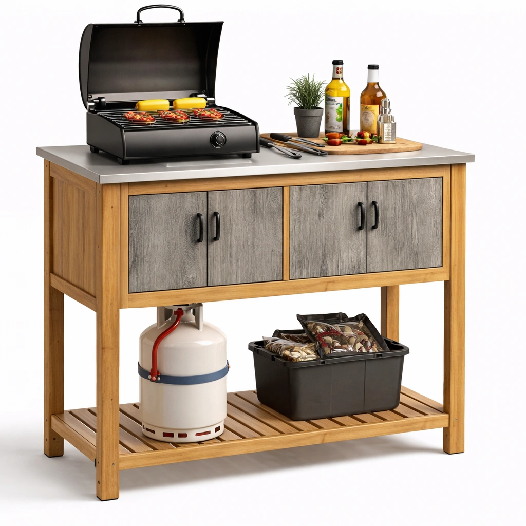 Grilltisch Holz Metall mit Stauraum