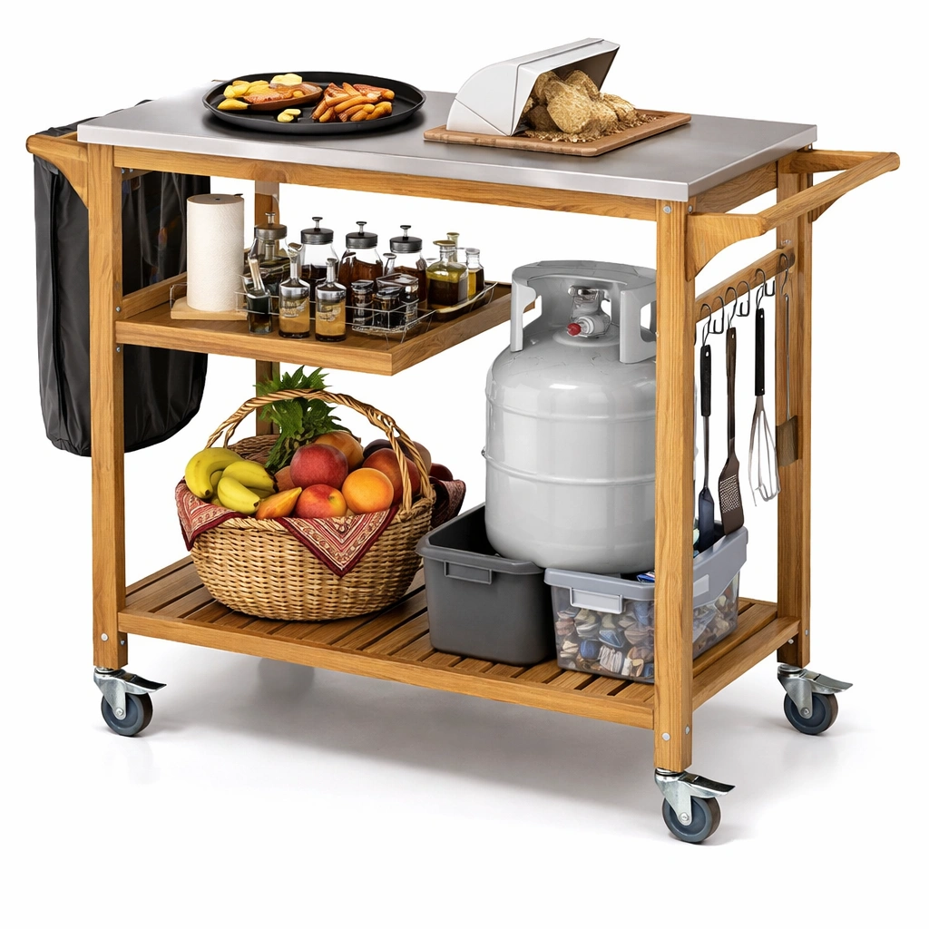 Servierwagen Holz mit Rollen und Ablagen