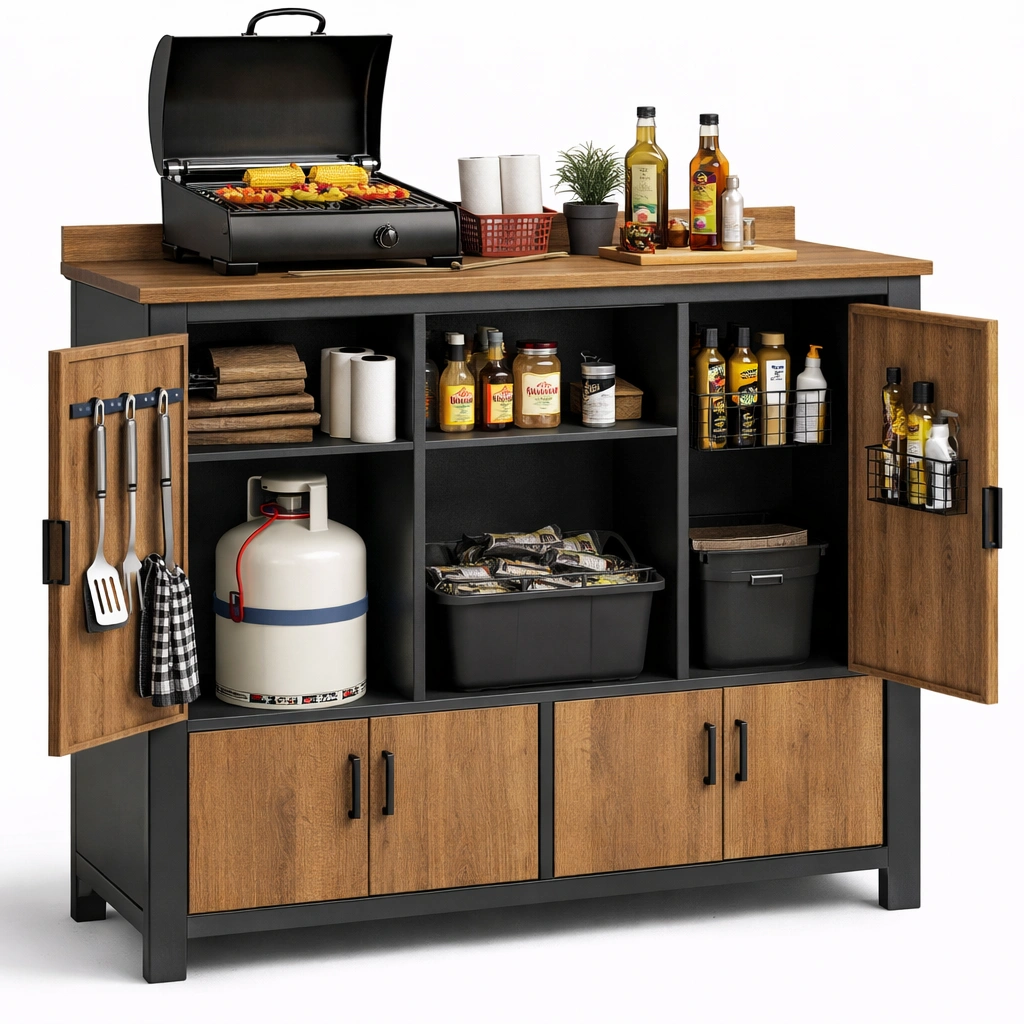 BBQ Schrank mit Stauraum und Arbeitsflaeche Holz Schwarz