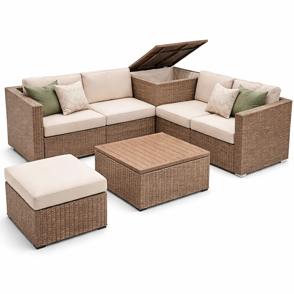 Rattan Lounge Set mit Tisch und Hocker