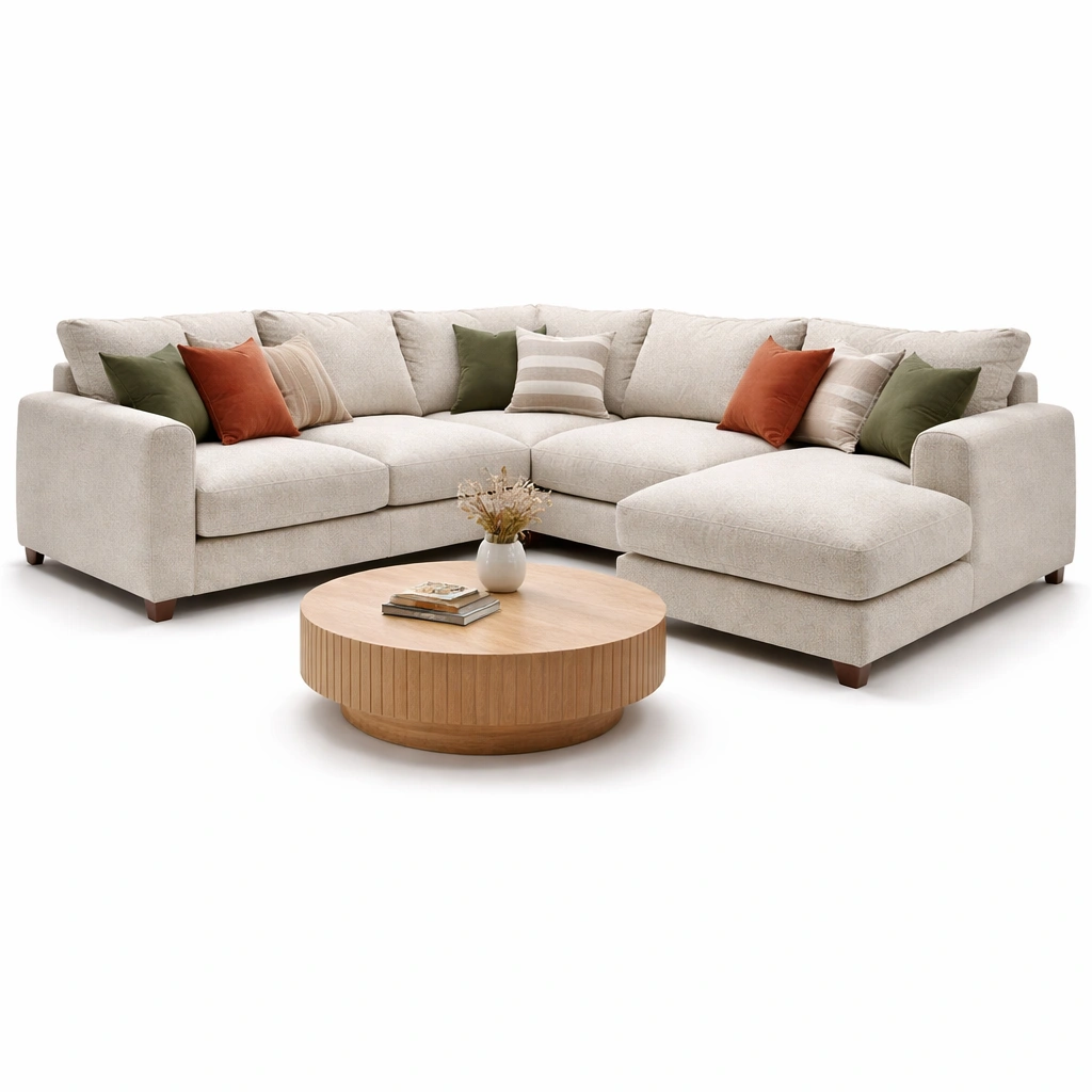 Ecksofa Stoff Beige mit Rundtisch