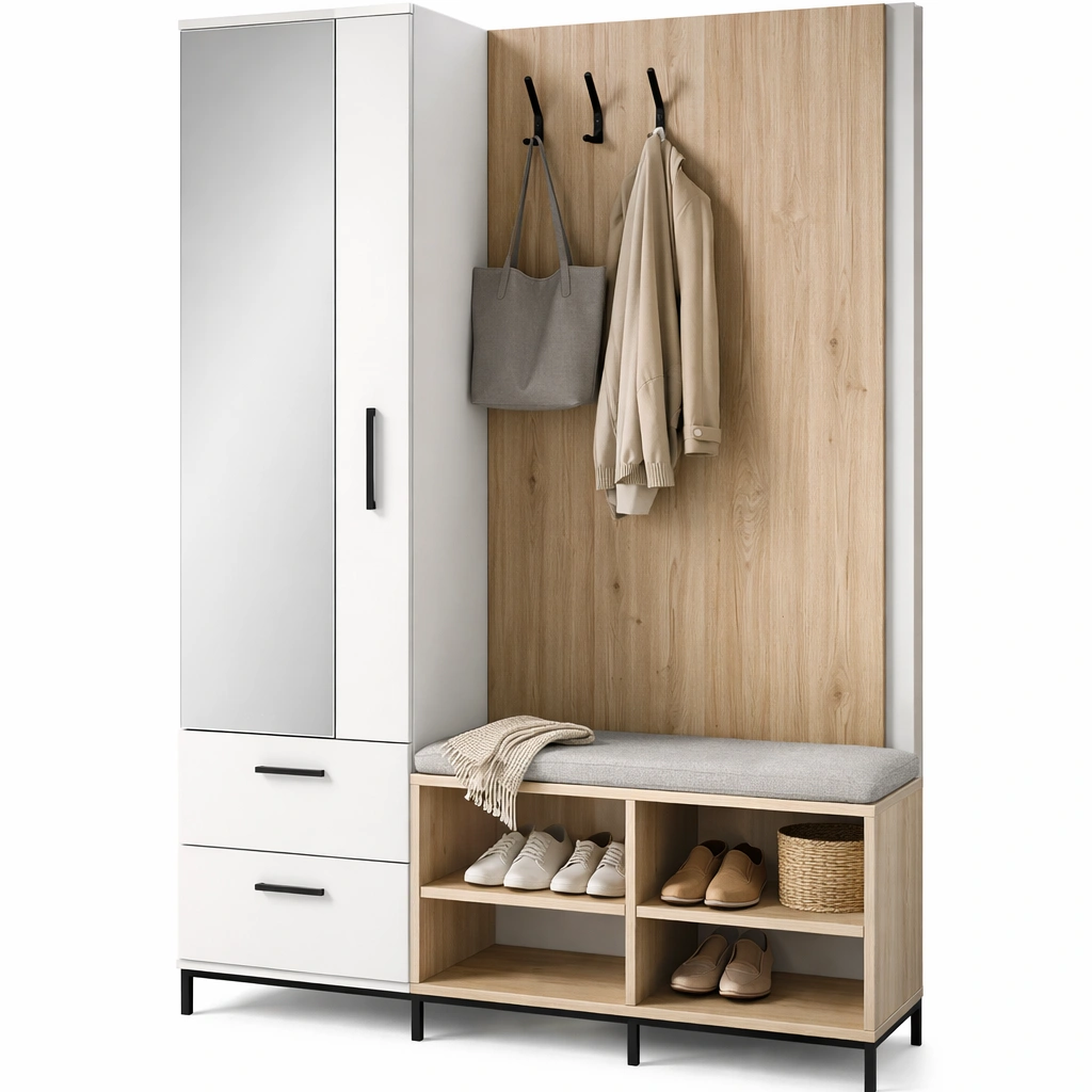 Garderobenmoebel mit Schrank und Sitzbank Weiss Holz