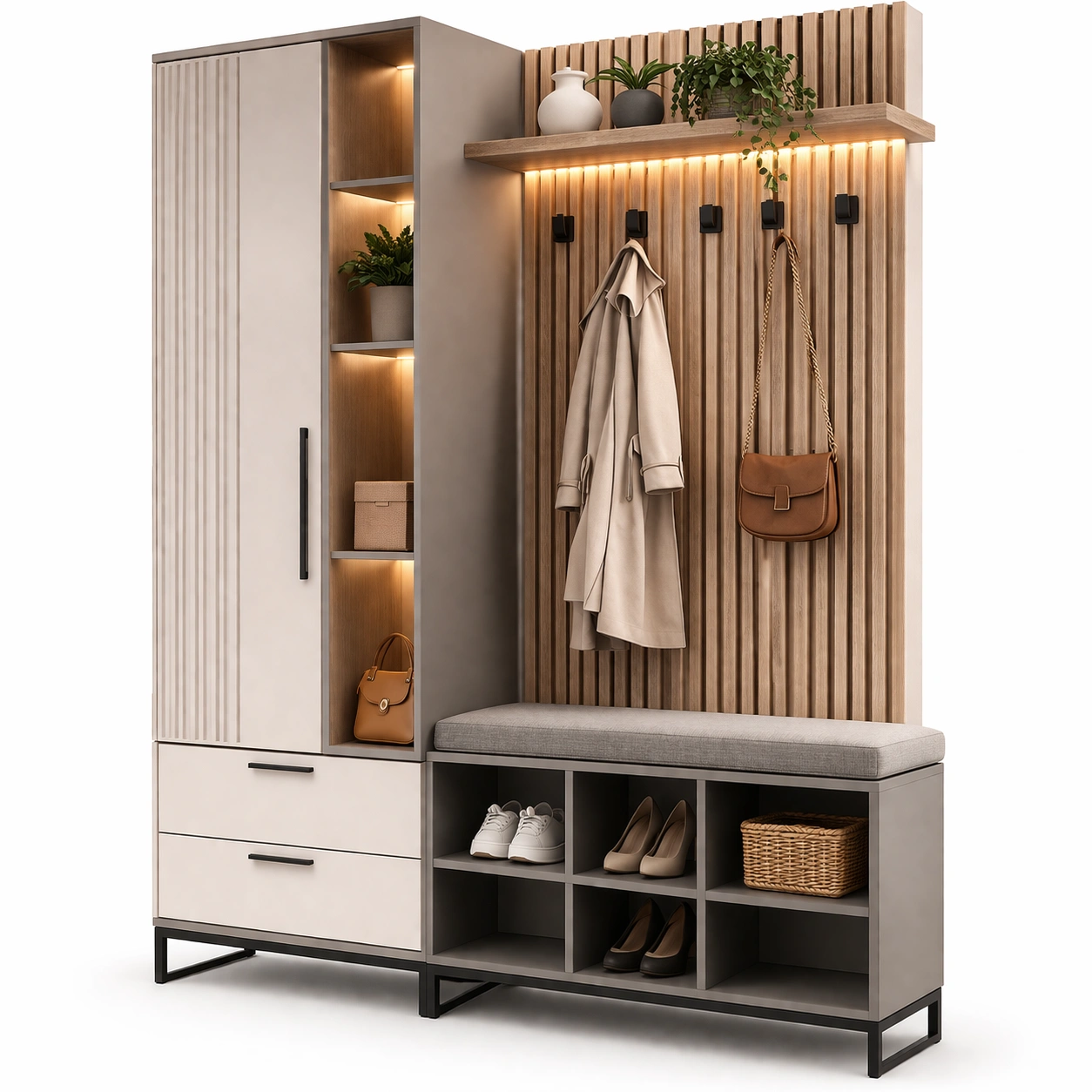 Garderobe mit LED Licht Holzpaneel und Stauraum