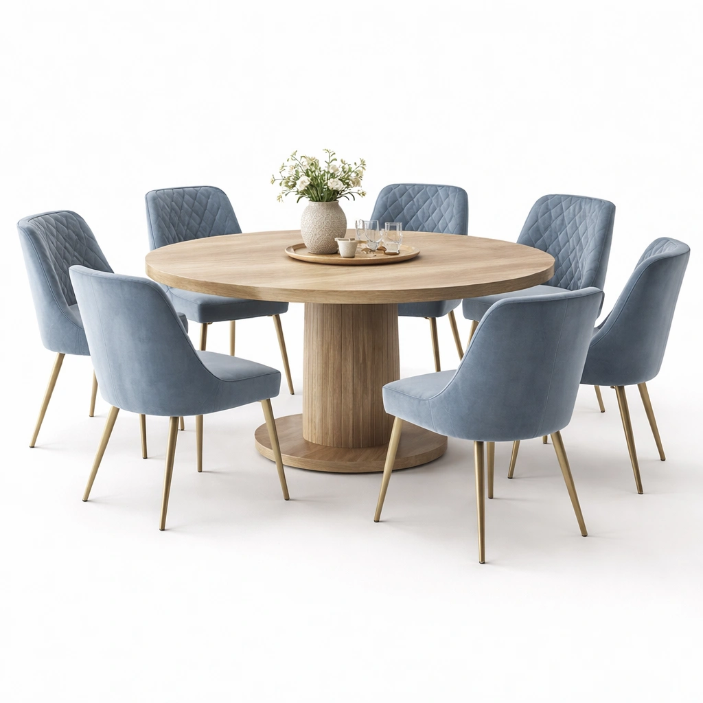 Rundtisch holz mit stuehlen grau