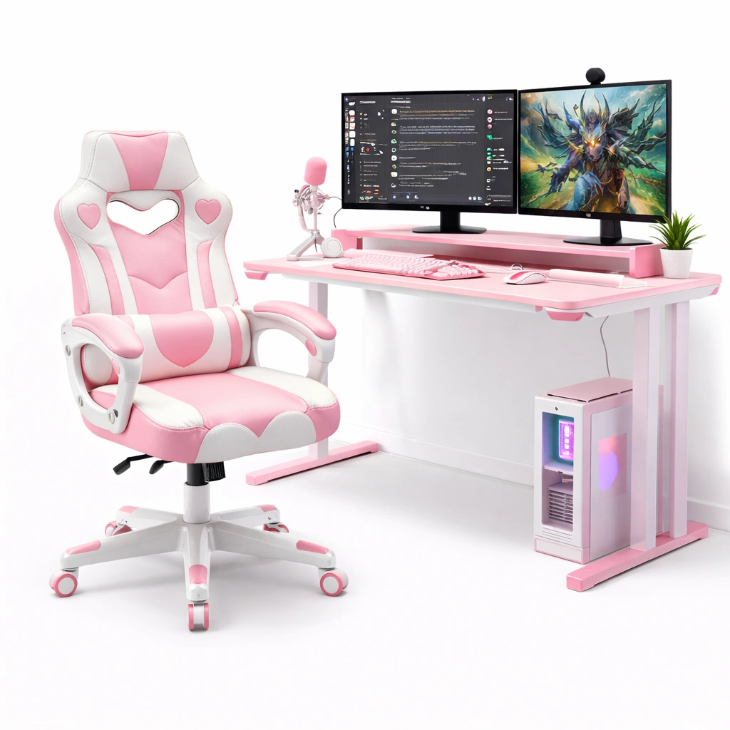 Gamingstuhl und Schreibtisch Set Rosa Weiss