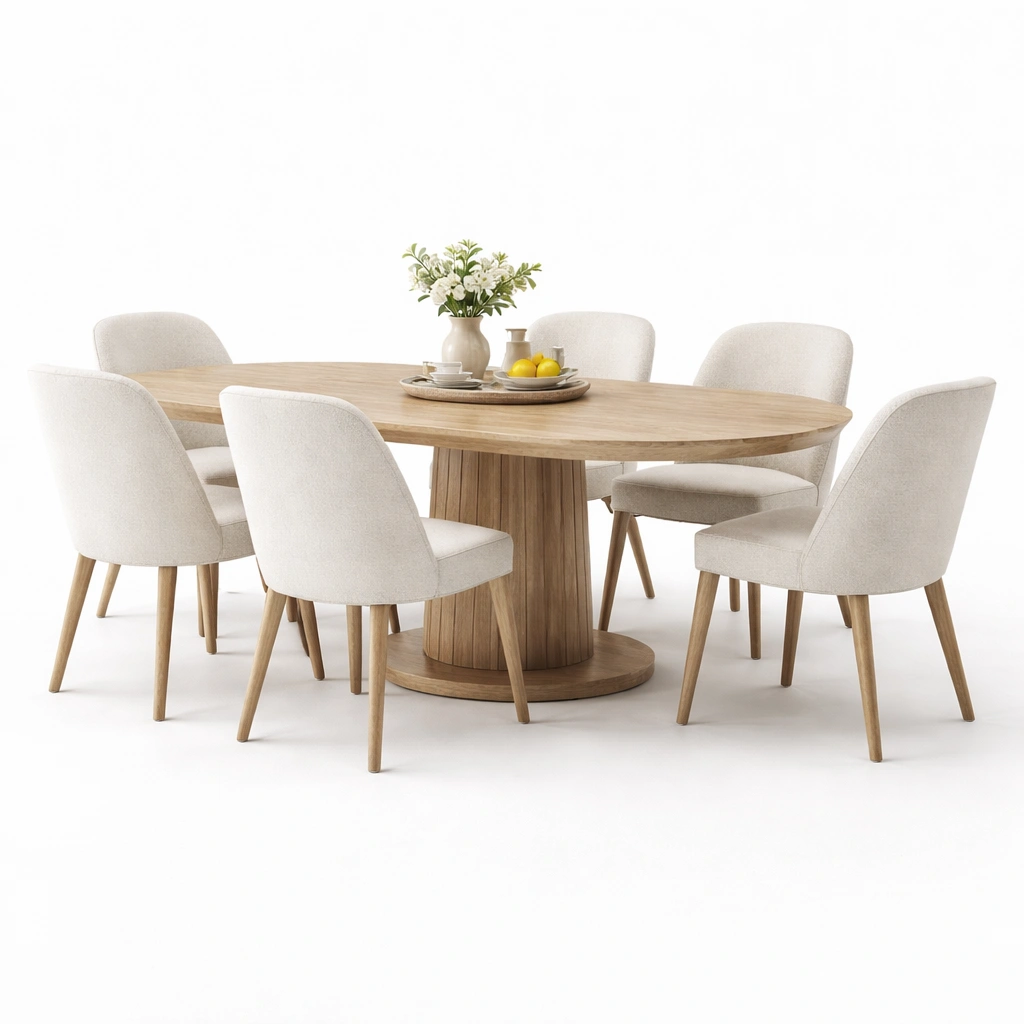 Esstisch Set Holz Natur Rund mit 6 Stuehlen