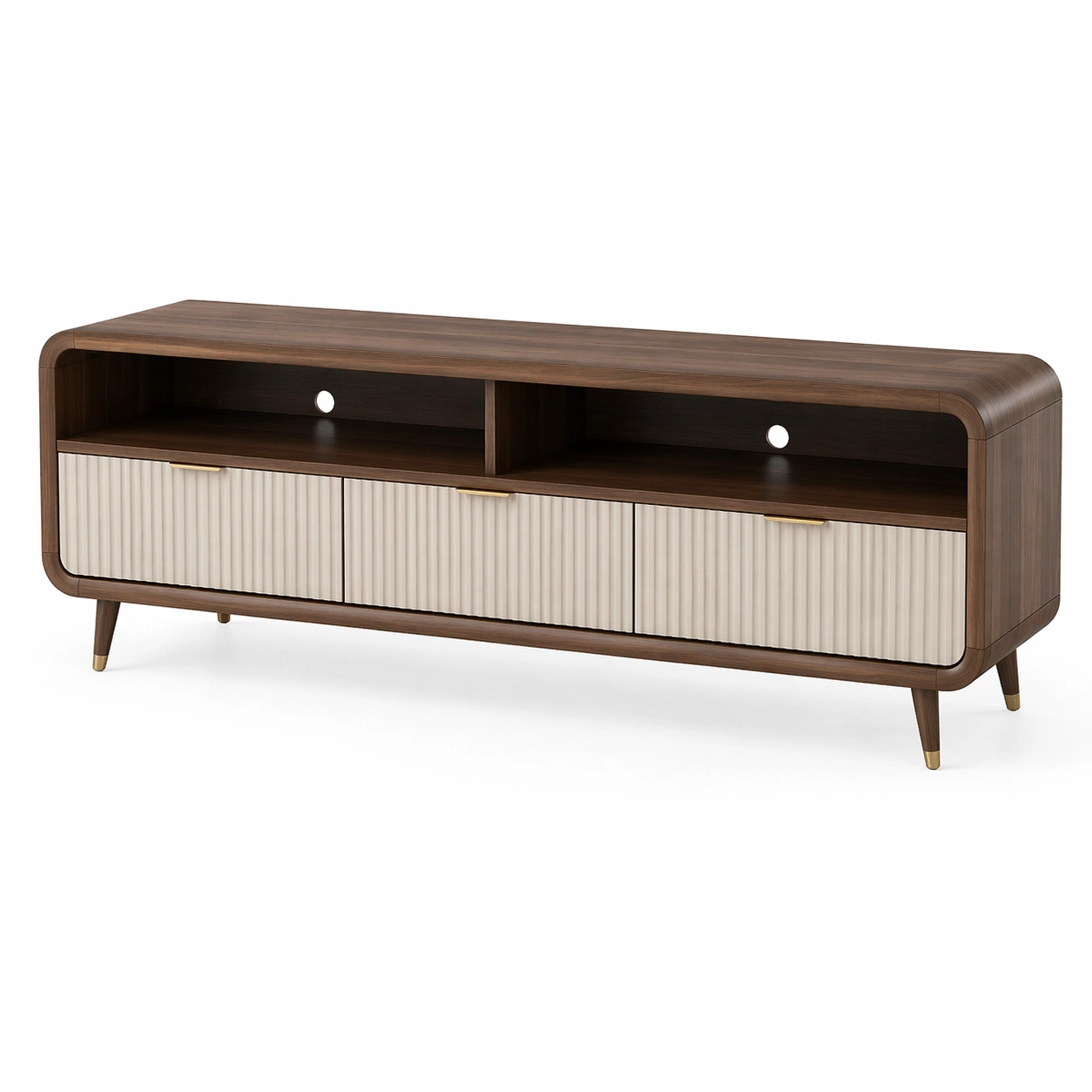 TV Lowboard Holz Grau mit Rattan Tueren