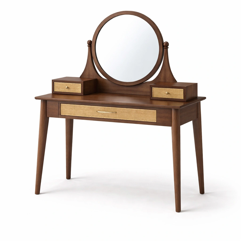 Schminktisch Holz Braun Klassisch mit Rundspiegel
