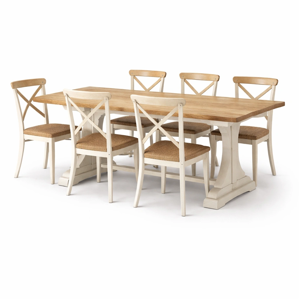 Landhaus Esstisch Set 6 Personen Holz Weiss Natur