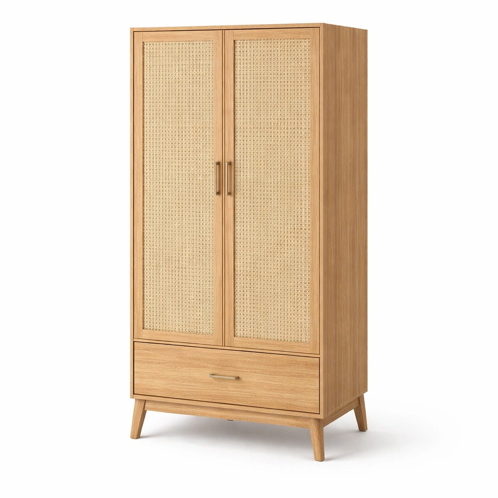 Kleiderschrank Rattan Holz Natur 2 Tueren