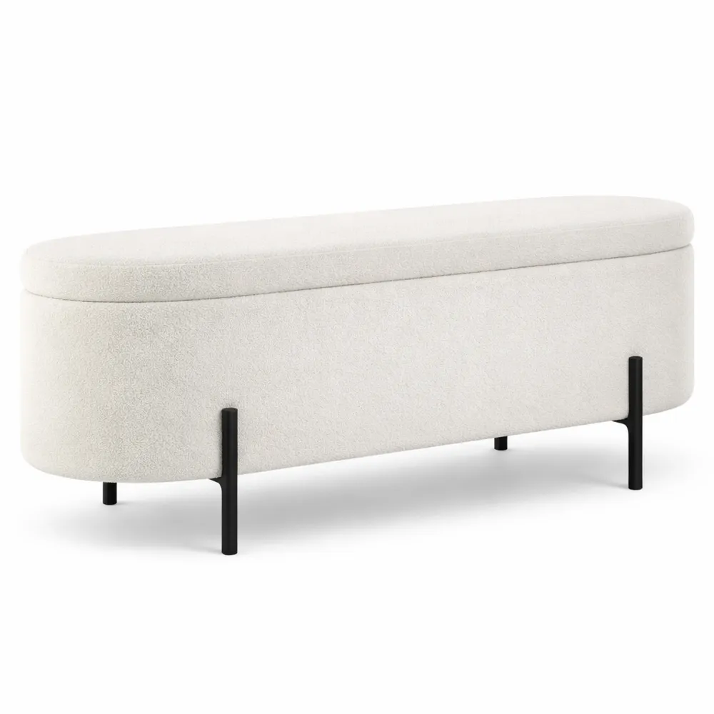 Panca Contenitore in Tessuto Bouclé con Gambe in Acciaio, Design Scandinavo - Crema/Bianco