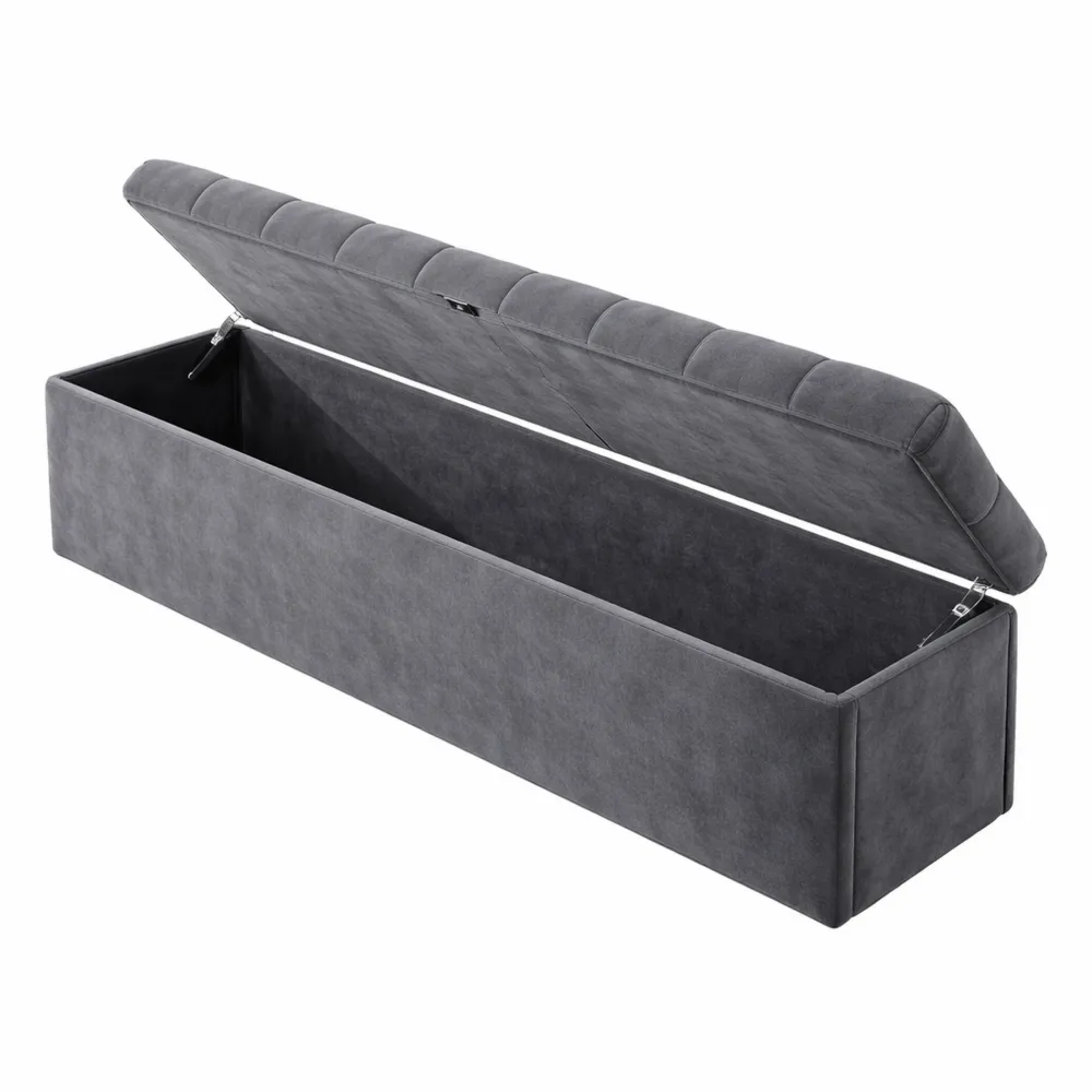 Panca imbottita in velluto con vano portaoggetti, grigio 138x41x42 cm