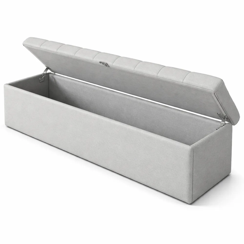 Panca imbottita in lino con vano portaoggetti, 141 x 41,5 x 47 cm, grigio chiaro