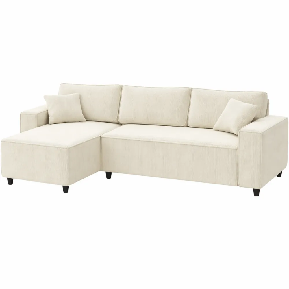 Divano Angolare con Penisola Reversibile in Velluto, 3 Posti, Bianco Crema