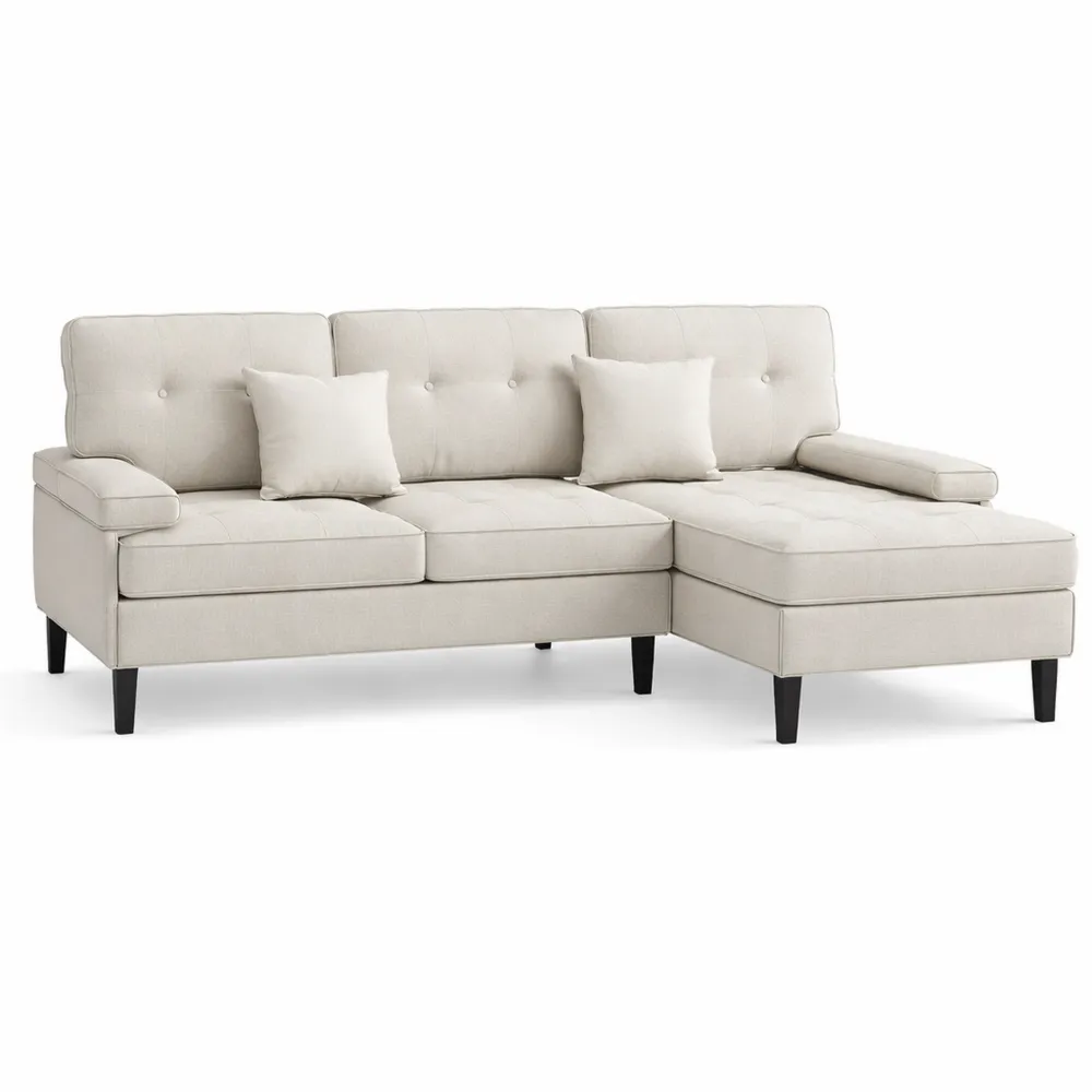 Divano letto angolare con chaise longue e pouf, 195 cm, tessuto ciniglia, beige chiaro