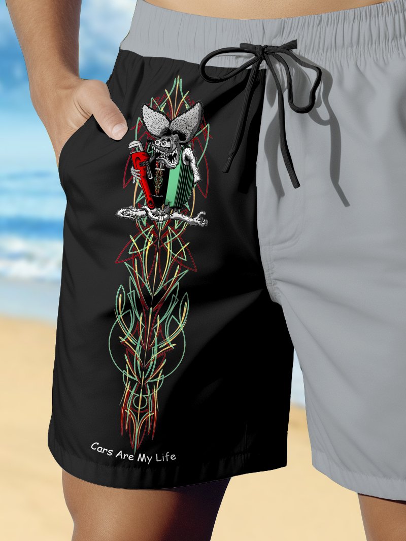 MeetLady Hawaiian Pinstripe Panel Print Men's Beach Shorts