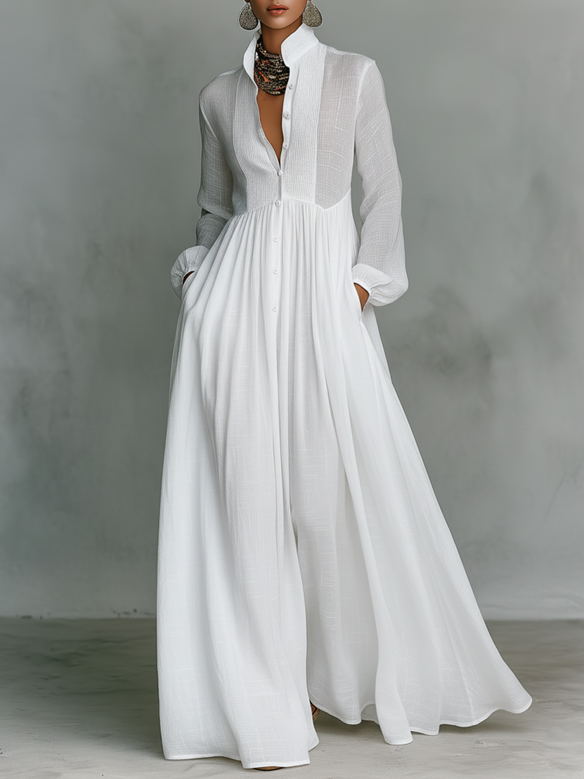 Women's Cotton And Linen Patchwork Single-breasted Stand-up Collar Long-sleeved Maxi Dress