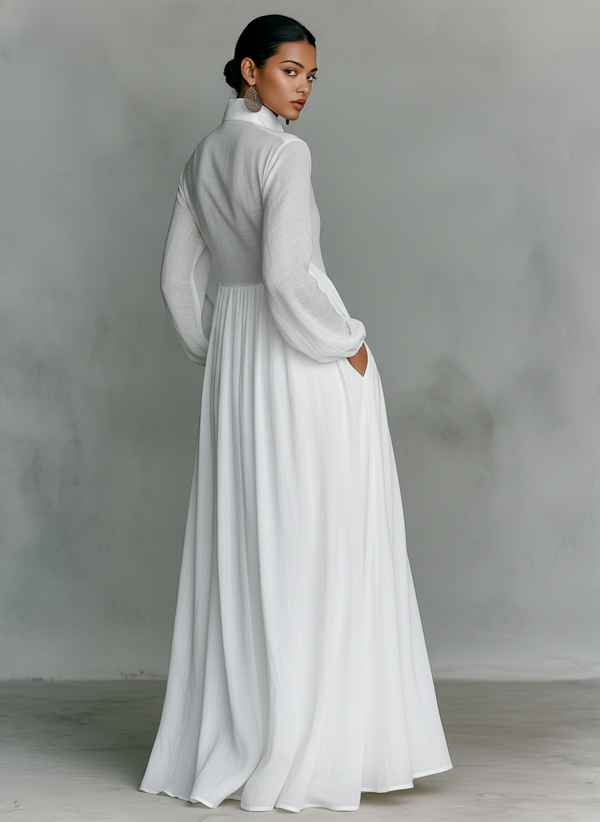 Women's Cotton And Linen Patchwork Single-breasted Stand-up Collar Long-sleeved Maxi Dress