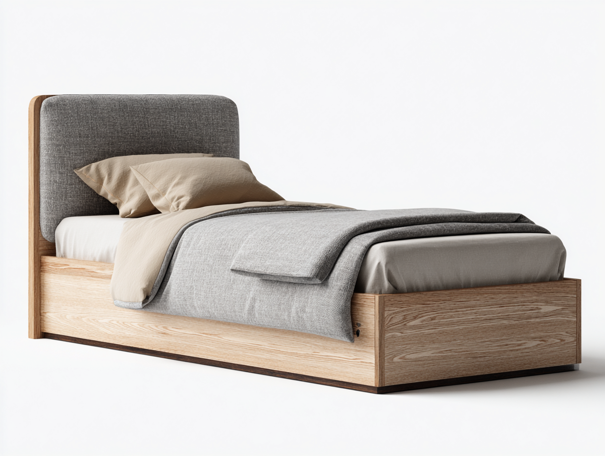 Letto singolo - legno-tessuto - 198x92x105 cm - rovere naturale-grigio - stile contemporaneo-Gatidanest