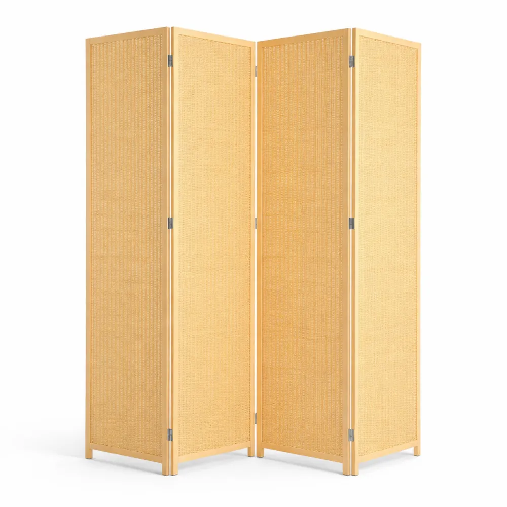 Paravento pieghevole a 4 ante in legno e bambù, altezza 180cm, stile boho, colore naturale