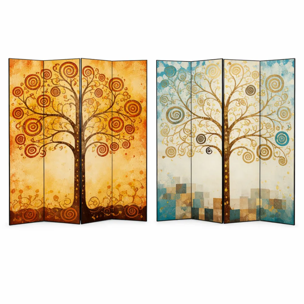Paravento bifacciale Albero della Vita in tela e legno, 4 pannelli