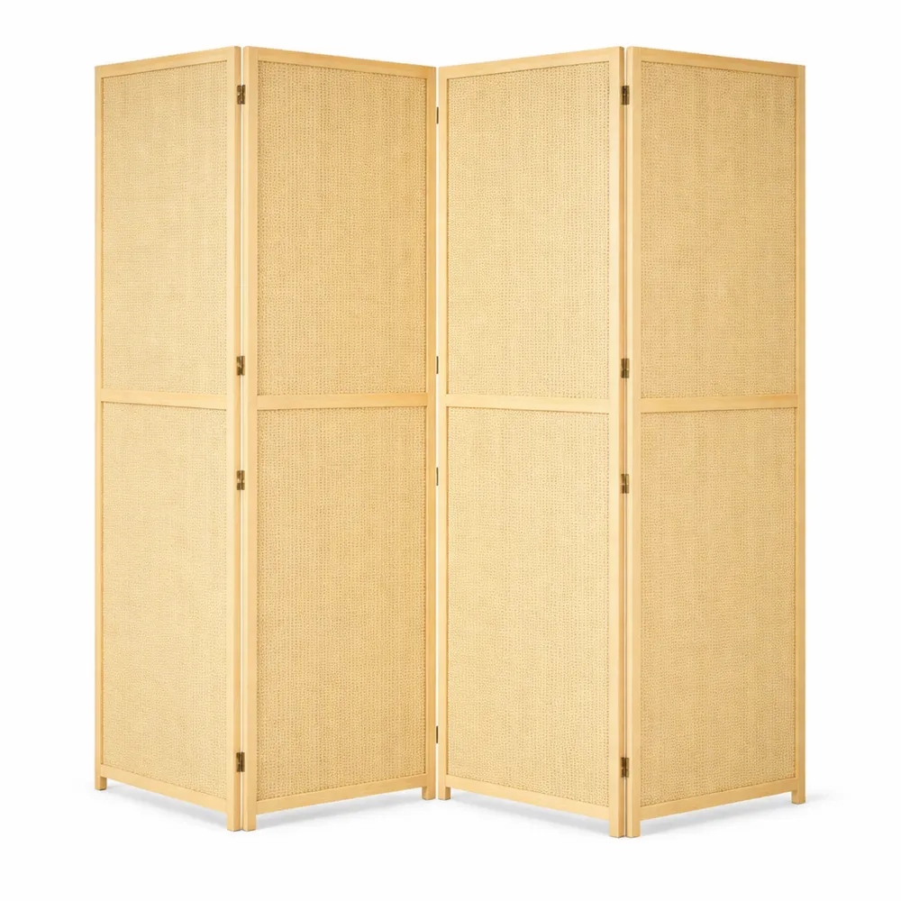 Paravento Pieghevole 4 Ante in Rattan e Bambù, 180x1.6x180 cm, Colore Legno