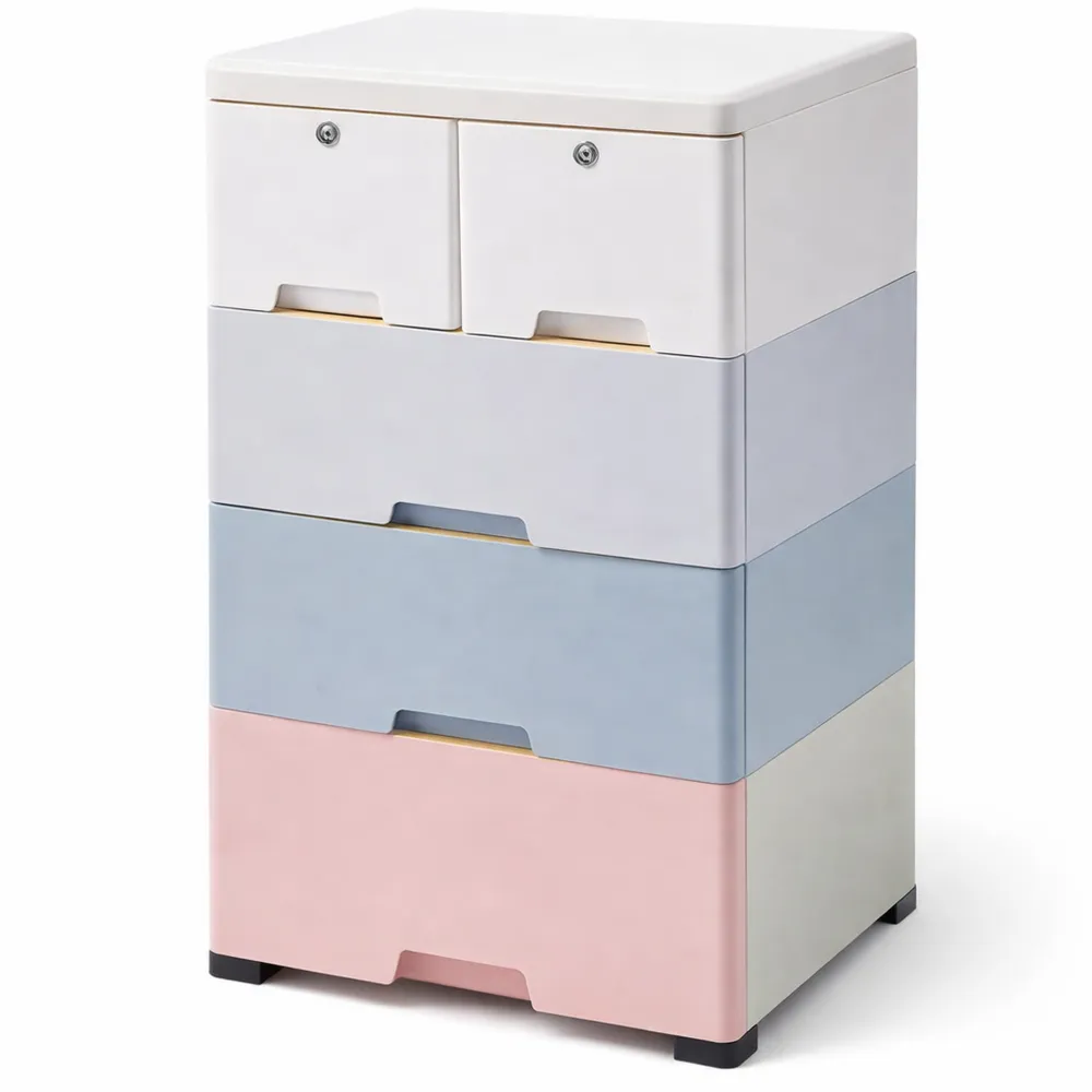 Cassettiera a 5 ripiani in plastica con ruote per vestiti e camera da letto, colore macaron