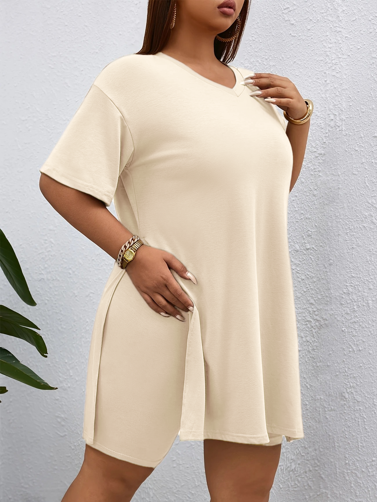 Women's 2-Piece Lounge Set Casual Oversized V-Neck Tops and High Waisted Shorts Set