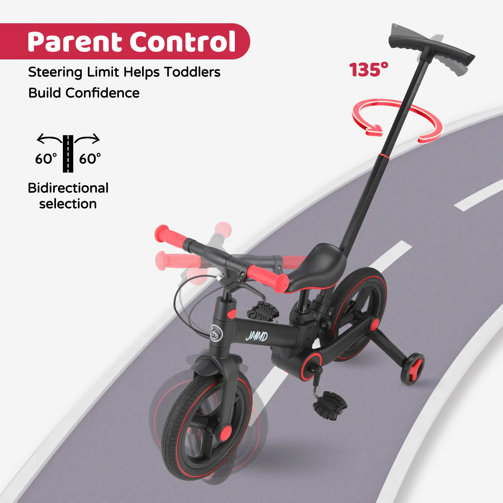 JMMD 6-in-1 Multi-Functional Toddler Balance Bike (18-60M) with Training Wheels, Pedals, Push Handle, Brakes & Kickstand Feature, Unisex Ride-On Toy, Christmas & First Birthday Gifts, Toys for Boys