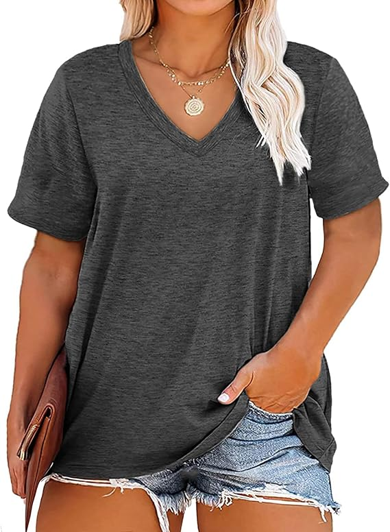 🔥Plus size v neck t shirt women short sleeve tops casual summer