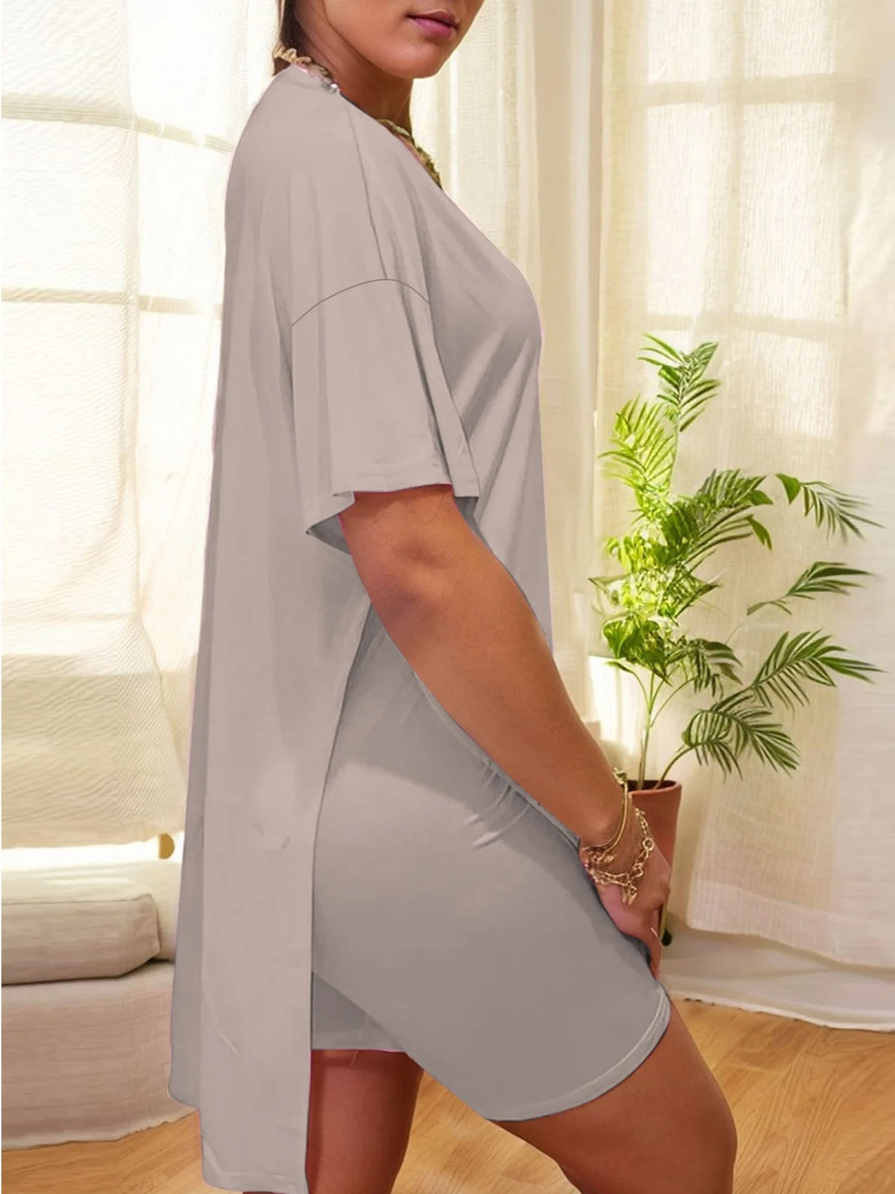 Women's 2-Piece Lounge Set Casual Oversized V-Neck Tops and High Waisted Shorts Set